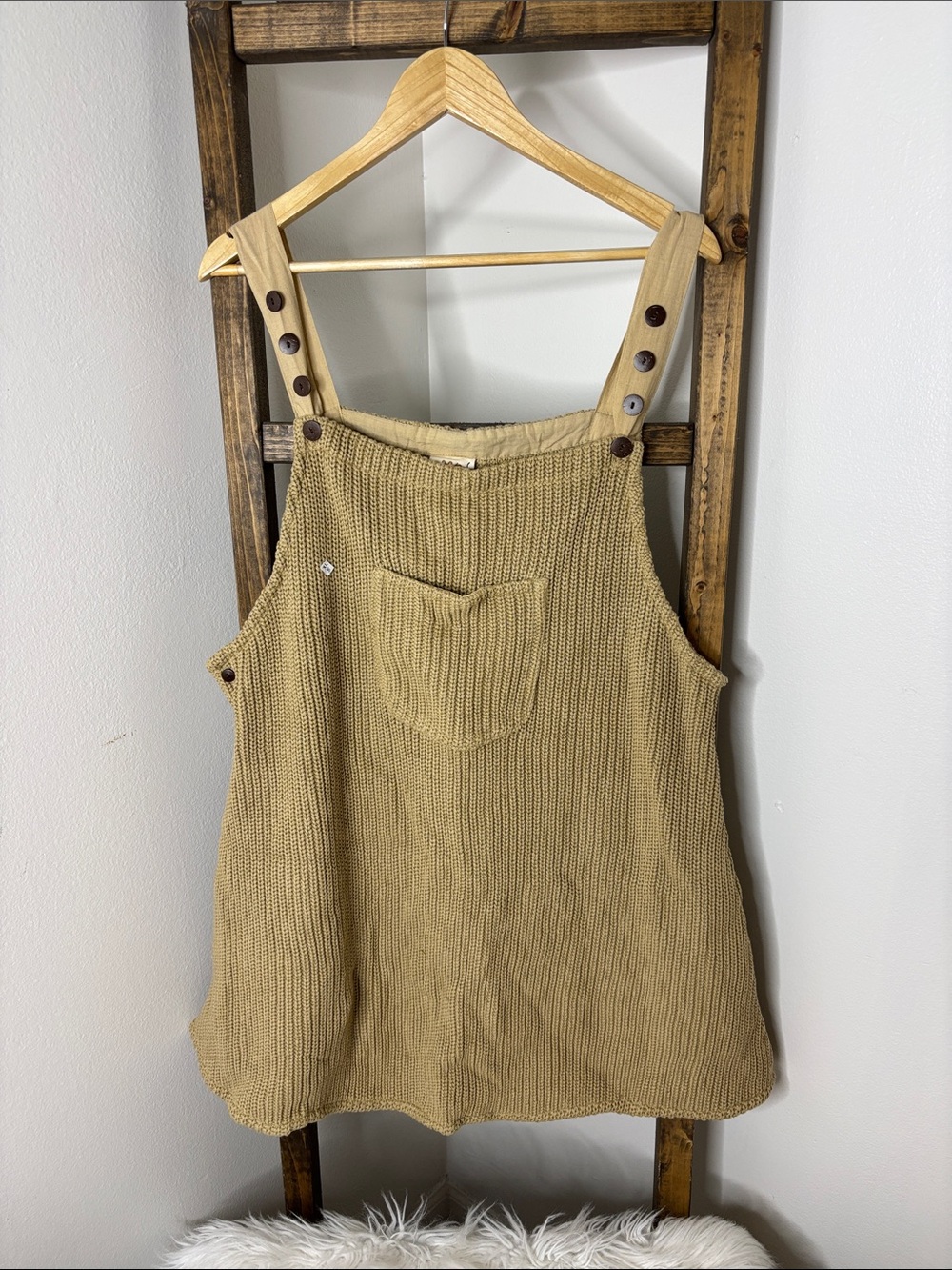 GardenBelle Women’s Tan Knit Overall Dress with Button Straps Size XL